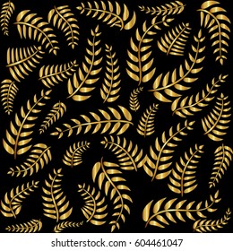 Seamless Pattern with Golden Leaves. Gold on dark  background.Decorative Golden Texture.