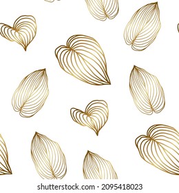 Seamless pattern with golden leaves line art on white background