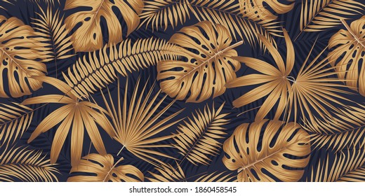 Seamless pattern with golden leaves monsters and tropical plants on a dark background, Exotic botany design collage style, luxury vector template