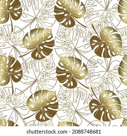 Seamless pattern of golden leaves monsters on a white background. Shiny leaves. Tropical botanical pattern. Elegant vector for print and for your design.