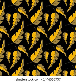 Seamless pattern with golden leaves on the dark background. Endless texture for design. Golden autumn leaves for your greeting cards, textile, packaging, fabric.