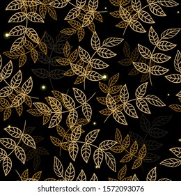 Seamless pattern with golden leaves on a black background. Vector graphics.