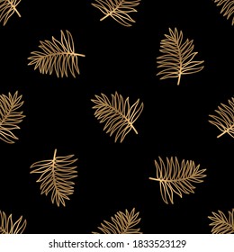 Seamless pattern with golden leaves on black background. Vector illustration. Fabric print. 
