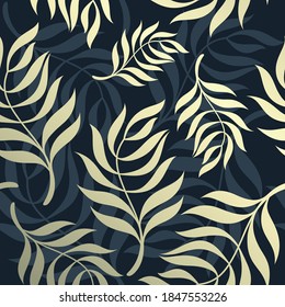 Patrón sin foco con hojas doradas sobre fondo oscuro. Impresión textil moderna. Moda Vector plantilla para diseño de lujo, spa, tela y envoltura.