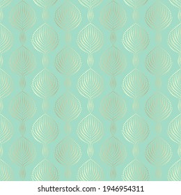 Seamless pattern of golden leaves on a green-blue background in vector 
