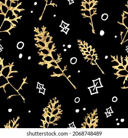 Seamless pattern golden  leaves on black background. Vector illustration