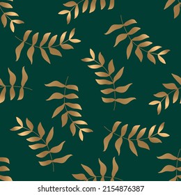 Patrón sin foco con hojas doradas sobre fondo verde oscuro. Ilustración vectorial. 