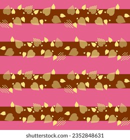 Seamless pattern with golden leaves on the striped background. Vector pattern 