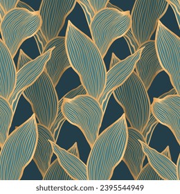 Seamless pattern with golden leaves on deep green background. Botanical print. Wallpaper print. Vector background