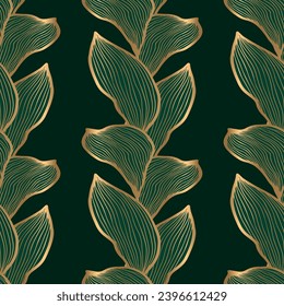 Seamless pattern with golden leaves on deep green background. Wallpaper print. Luxury print. Botanical background 