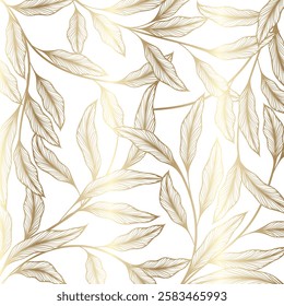 Seamless pattern with golden leaves on white background. Vector illustration