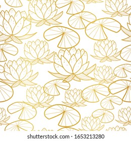 Seamless pattern golden lily flowers on white