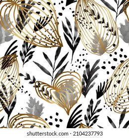 Seamless pattern with golden line art and black watercolor foliage on white