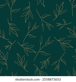 Seamless pattern of golden line leaves on green background.