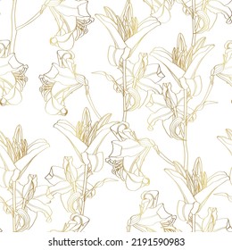 Patrón sin brillo con ilustración de flores de lirio dorado.
