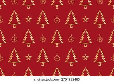 Patrón sin fisuras de ilustraciones de arte de líneas doradas de árboles de Navidad, estrellas y adornos dispuestos sobre un rico fondo rojo.