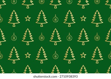 Seamless pattern of golden line-art illustrations of Christmas trees, stars, and ornaments arranged across a rich green background.