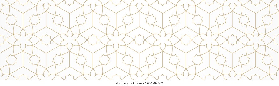 Patrón inmaculado con líneas doradas y flores estilizadas sobre fondo blanco. Textura de línea abstracta monocroma al estilo árabe. Rejas antiguas decorativas. Ornamento abstracto para tela, envoltura.