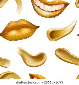 Seamless pattern with Golden lips gleam with polished shine. Smiling mouth reveals bright, healthy teeth. Mouths appear joyful, inviting, playful. Smooth texture mimics lip gloss or creamy substance