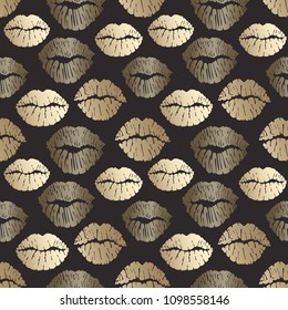 Seamless pattern with golden lips print, gold lips on black background. Vector illustration