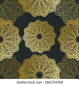 Seamless pattern golden mandala with dark background