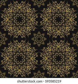 Seamless pattern with golden mandalas on black background. Vector background.