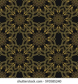 Seamless pattern with golden mandalas on black background. Vector background.