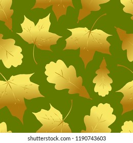 Seamless pattern with Golden maple and oak leaves. Autumn textile Vector illustration on green background