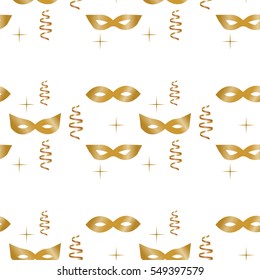 Seamless pattern of golden masks, streamers and stars on dark blue background. Costume party background