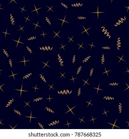 Seamless pattern of golden masks, streamers and stars on dark blue background. Costume party background
