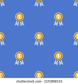 Patrón sin foco con una medalla de oro. Primer premio. Símbolo de competencia, liderazgo. Concepto de escuela y educación. Ilustración vectorial dibujada a mano. Para impresión, tela o diseño de papel envolvente
