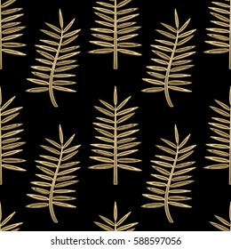 Seamless pattern of golden metal palm leaves isolated on black background. Luxury tropical wallpaper, textile print, wrapping.