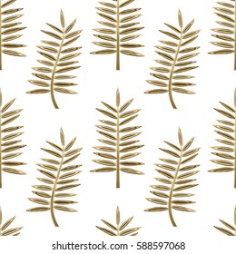Seamless pattern of golden metal palm leaves isolated on white background. Luxury tropical wallpaper, textile print, wrapping.