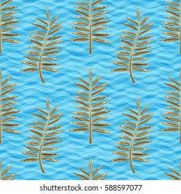 Seamless pattern of golden metal palm leaves on blue waves background. Luxury tropical wallpaper, textile print, wrapping.