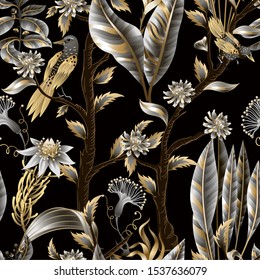 Seamless pattern with golden and metallic leaves, flowers and birds. Vector.