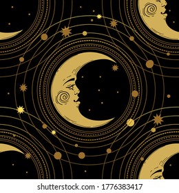 Seamless pattern with a golden moon and a crescent moon with a face on a black background. Magic, mystical background for tarot, boho design. Vector illustration, engraving