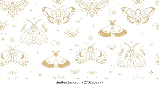 Padrão contínuo com traças douradas, todos vendo olhos, luas e estrelas em um estilo místico boho, para design têxtil, embalagem, papel de parede, branding, cartazes e projetos espirituais ou esotéricos.Vetor