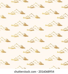 Seamless pattern with golden mountains in the forest. Gold countryside background for fabric. Vector isolated wanderlust landscape texture.