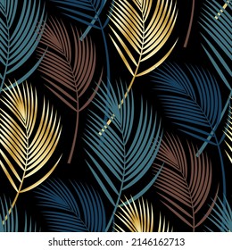 patrón transparente de hojas de palma doradas y multicolores sobre un fondo negro. fondo abstracto de planta exótica. patrón plano con gradiente dorado. ilustración vectorial de stock. EPS 10.