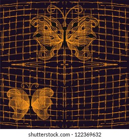 Seamless pattern with golden openwork butterflies on dark background with grunge grid