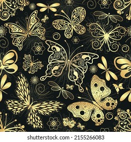 Seamless pattern with golden openwork butterflies, dragonflies and vintage flowers on a dark background. Vector eps 10
