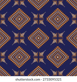 seamless pattern with golden ornament. Bold seamless tribal pattern featuring repeating diamond shapes and angular motifs in warm orange tones on a dark blue background.