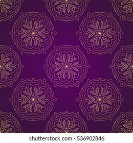 Seamless pattern with golden ornament. Golden mandalas on purple backfround. Can be used for backpaking, print, textile