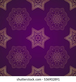 Seamless pattern with golden ornament. Golden mandalas on purple backfround. Can be used for backpaking, print, textile