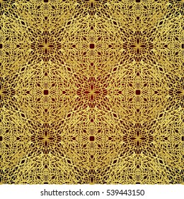 Seamless pattern with golden ornament. Golden mandalas on purple backfround. Can be used for backpaking, print, textile
