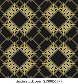 Seamless pattern with golden ornament on black background. Version 10. Vector illustration