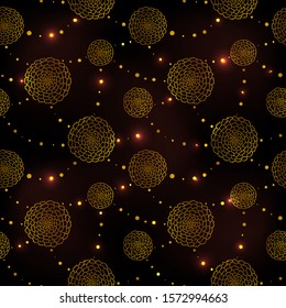 Seamless pattern with golden outline marigolds and beads. Dark background, vector illustration