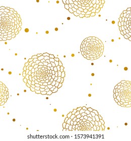 Seamless pattern with golden outline marigolds and beads. White background, vector illustration