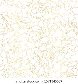 Seamless pattern with golden outlined succulent flowers on white background
