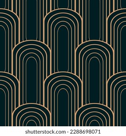 Seamless pattern with golden ovals on deep green background. Art deco style. Vector illustration.